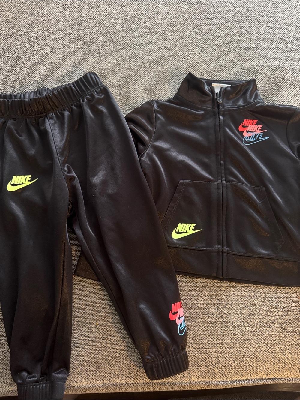Nike Kids Black Sweatpants & Jacket Set with Neon Yellow and Pink Girls 24months